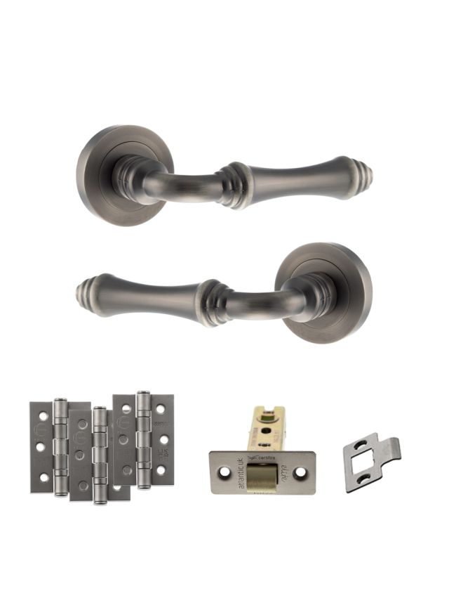 Old English Durham Door Handle Pack (Latch Set - 3" CE Latch, 3" Fire Rated Hinges x3) - Matt Gun Metal