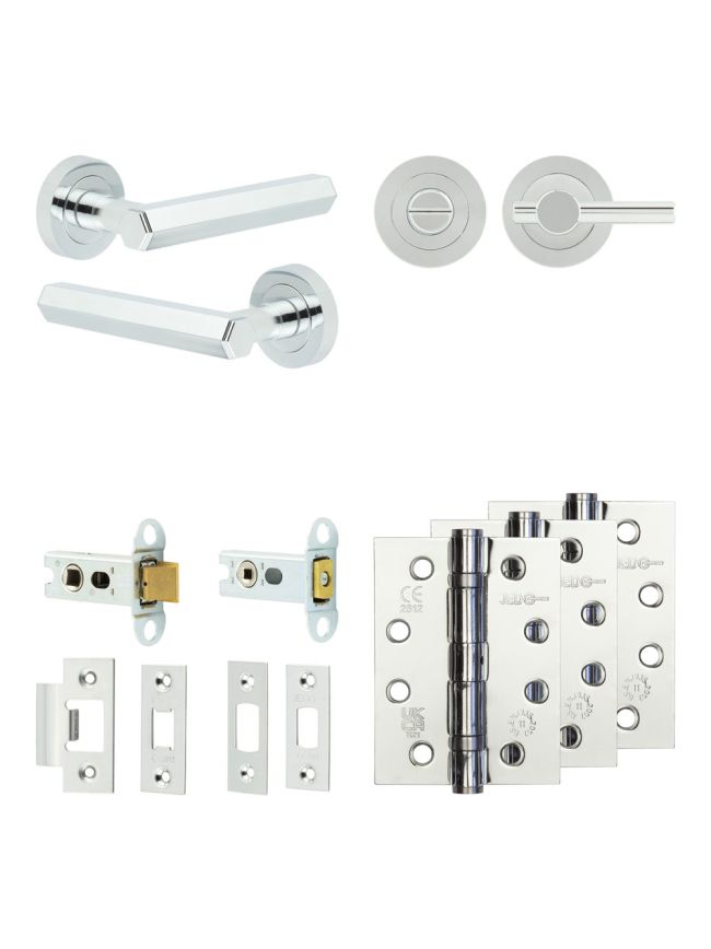 Complete Hex Door Handle Pack - Heavy Duty Tubular Bathroom (Plain Thumb Turn) - Polished Chrome - 64mm / 4-inch Hinges - JE-C30A2-PC
