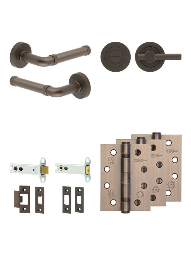 Complete Midtown Door Handle Pack - Heavy Duty Tubular Bathroom (Knurled Thumb Turn) - Dark Bronze - 102mm / 4-inch Hinges - JE-G32A1-DB