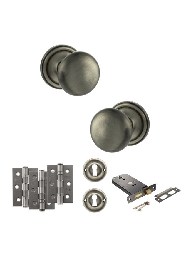 Old English Harrogate Door Knob Pack (Lock Set - Horizontal Sashlock, 3" Fire Rated Hinges x3) - Matt Gun Metal
