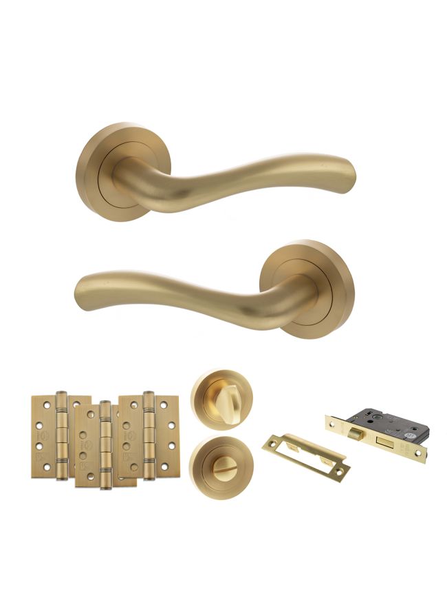 STATUS Texas Door Handle Pack (Bathroom Set - 2.5" CE Bathroom Lock, 4" Fire Rated Hinges x3) - Satin Brass