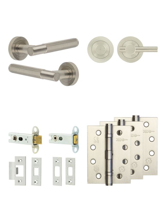 Complete Bari Door Handle Pack - Heavy Duty Tubular Bathroom (Knurled Thumb Turn) - Satin Nickel - 76mm / 4-inch Hinges - JE-D31A1-SN
