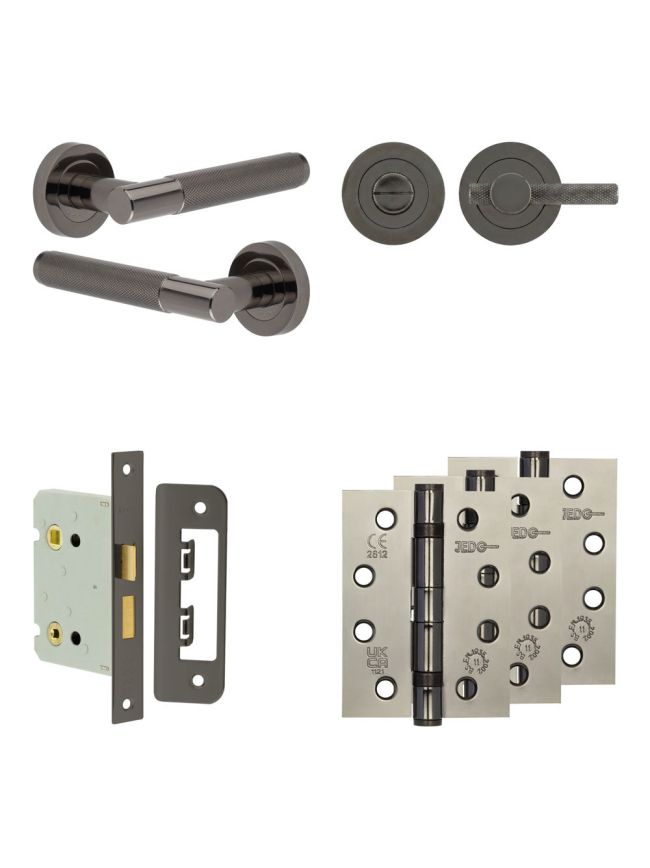 Complete Bari Door Handle Pack - Bathroom Lock (Knurled Thumb Turn) - Black Nickel - 76mm / 4-inch Hinges - JE-D6A1-BN
