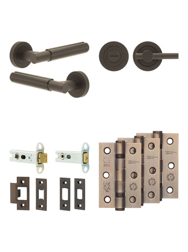 Complete Bloom Door Handle Pack - Heavy Duty Tubular Bathroom (Plain Thumb Turn) - Dark Bronze - 76mm / 3-inch Hinges - JE-B31B2-DB