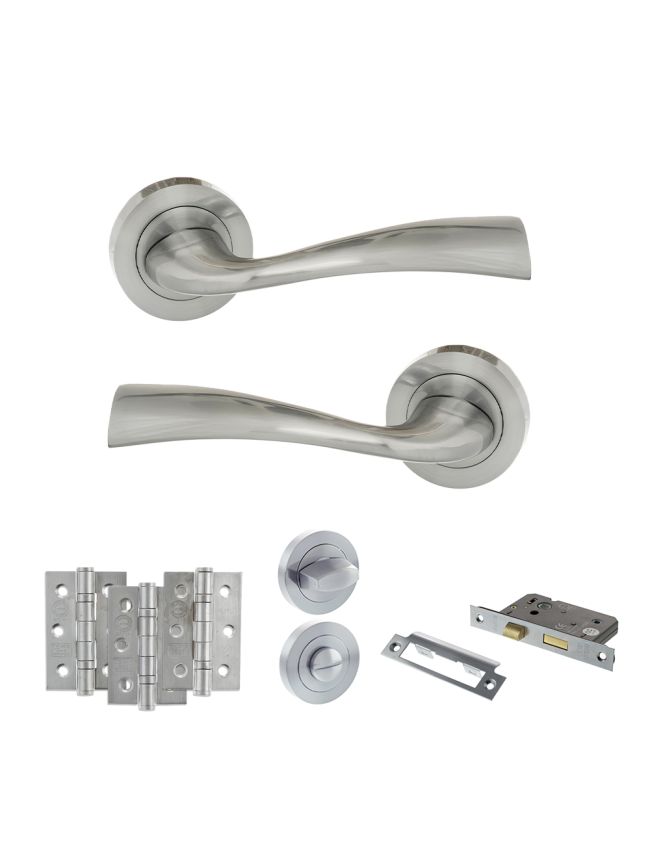 Eco Wave Door Handle Pack (Bathroom Set - 2.5" CE Bathroom Lock, 3" Fire Rated Hinges x3) - Polished Chrome