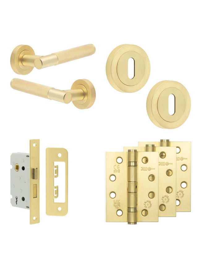 Complete Bari Door Handle Pack - Sashlock - Satin Brass - 65mm / 4-inch Hinges - JE-D7A8-SB