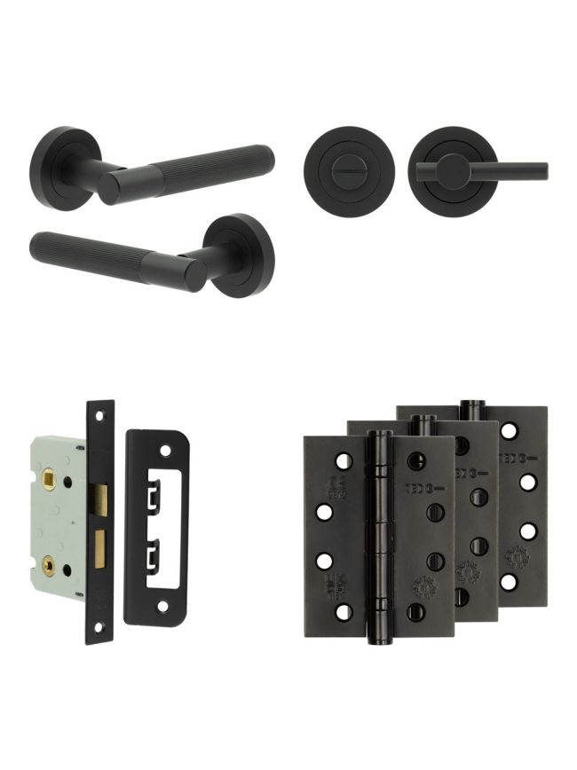 Complete Venice Door Handle Pack - Bathroom Lock (Plain Thumb Turn) - Matt Black - 65mm / 4-inch Hinges - JE-F5A2-MB