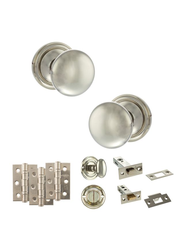 Old English Harrogate Door Knob Pack (Bathroom Set - 3" Deadbolt, 3" Fire Rated Hinges x3) - Polished Nickel
