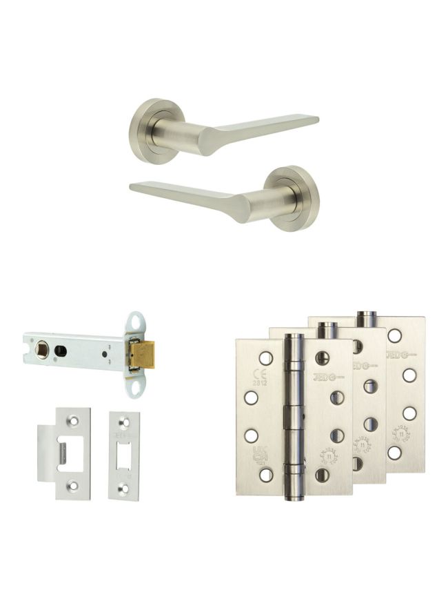 Complete Gio Door Handle Pack - Heavy Duty Latch - Satin Nickel - 102mm / 4-inch Hinges - JE-E22A-SN