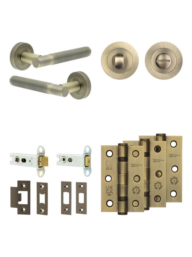 Complete Venice Door Handle Pack - Heavy Duty Tubular Bathroom (Standard Thumb Turn) - Antique Brass - 76mm / 3-inch Hinges - JE-F31B3-AB