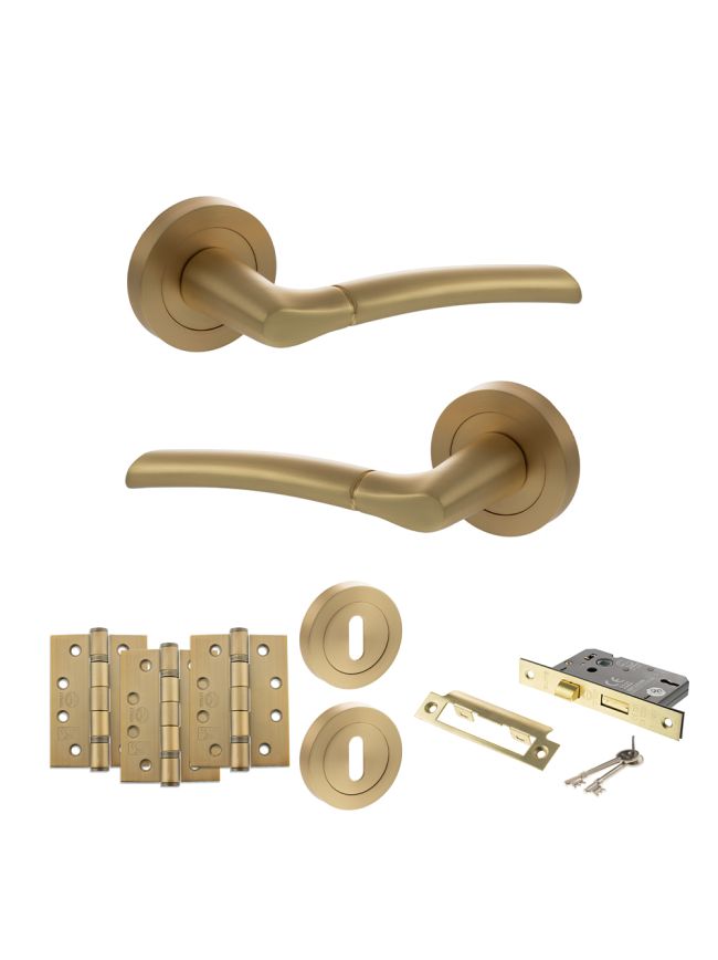 STATUS Indiana Door Handle Pack (3 Lever Lock Set - 3" CE Sashlock, 4" Fire Rated Hinges x3) - Satin Brass