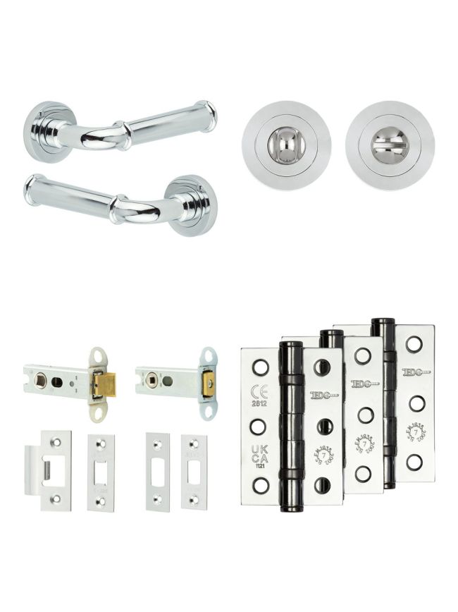 Complete Classic Door Handle Pack - Heavy Duty Tubular Bathroom (Standard Thumb Turn) - Polished Chrome - 76mm / 3-inch Hinges - JE-A31B3-PC