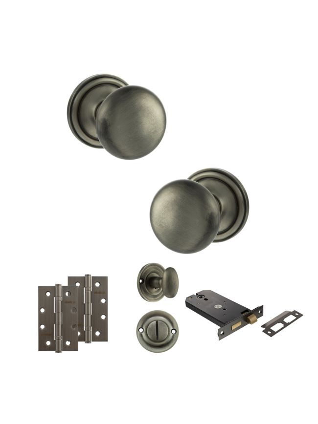 Old English Harrogate Door Knob Pack (Lock Set - Horizontal Bathlock, 4" Slim Knuckle Hinges x2) - Matt Gun Metal