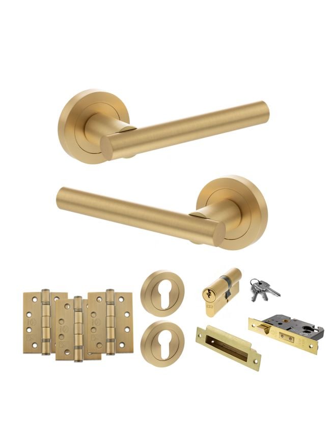 STATUS Nebraska Door Handle Pack (Euro Lock Set - 2.5" CE Sashlock, 4" Fire Rated Hinges x3) - Satin Brass