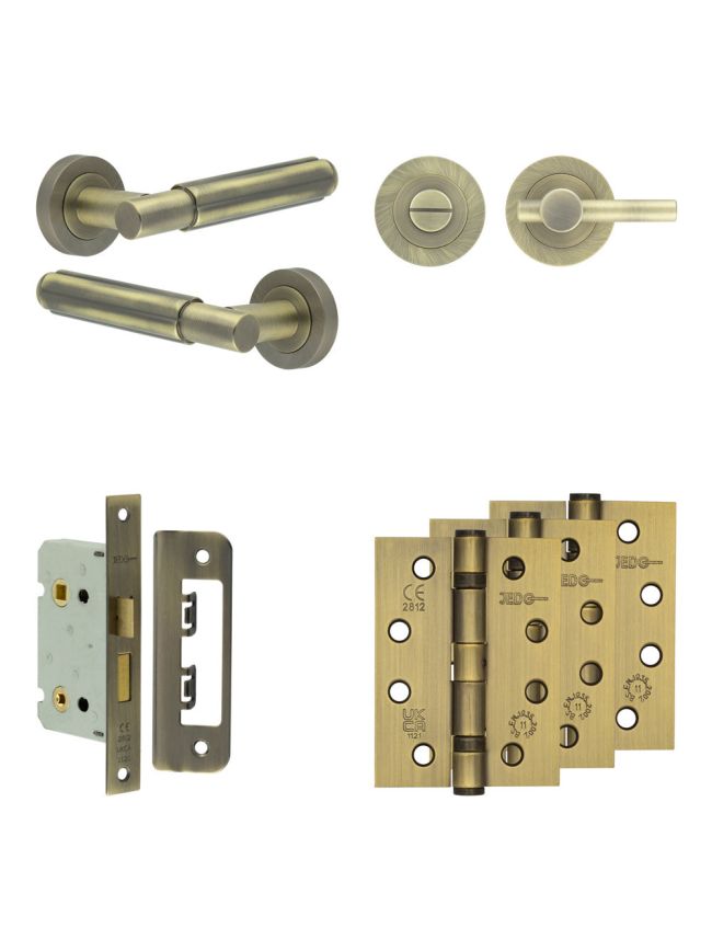 Complete Bloom Door Handle Pack - Bathroom Lock (Plain Thumb Turn) - Antique Brass - 65mm / 4-inch Hinges - JE-B5A2-AB