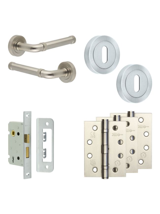 Complete Midtown Door Handle Pack - Sashlock - Satin Nickel - 65mm / 4-inch Hinges - JE-G7A8-SN