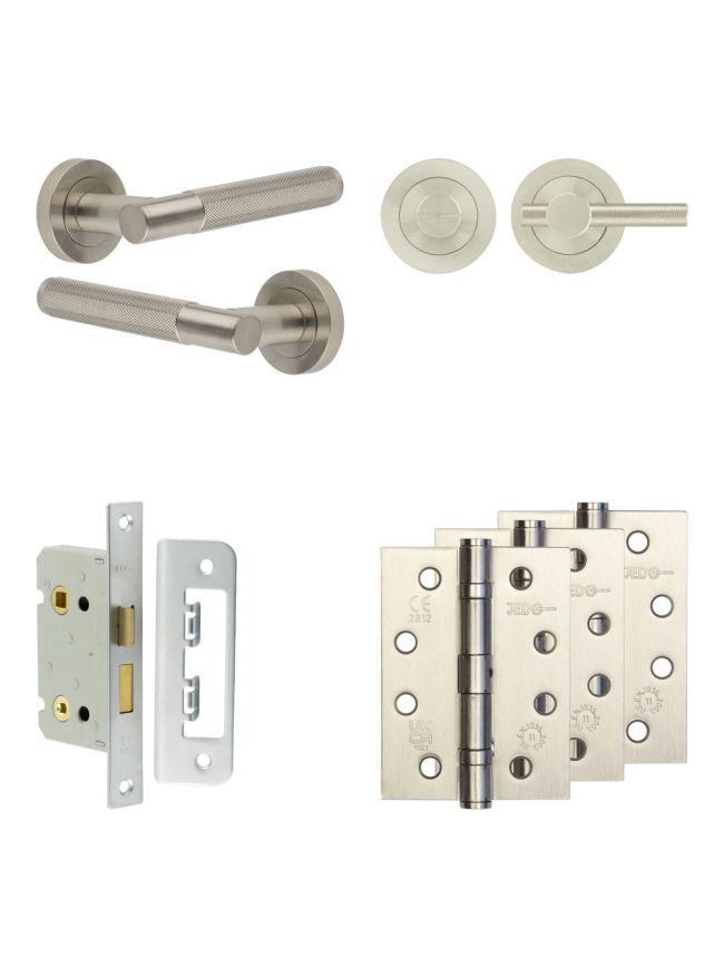 Complete Bari Door Handle Pack - Bathroom Lock (Knurled Thumb Turn) - Satin Nickel - 65mm / 4-inch Hinges - JE-D5A1-SN
