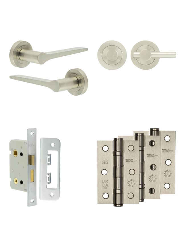 Complete Gio Door Handle Pack - Bathroom Lock (Plain Thumb Turn) - Satin Nickel - 65mm / 3-inch Hinges - JE-E5B2-SN