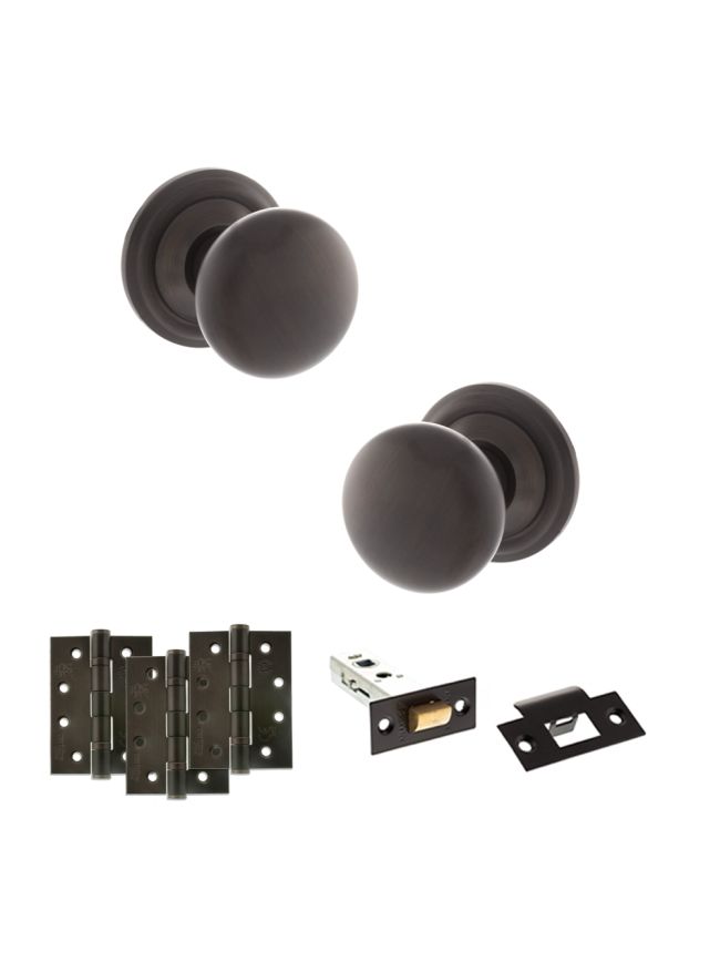 Old English Harrogate Door Knob Pack (Latch Set - 4" HD Latch, 4" Fire Rated Hinges x3) - Urban Dark Bronze