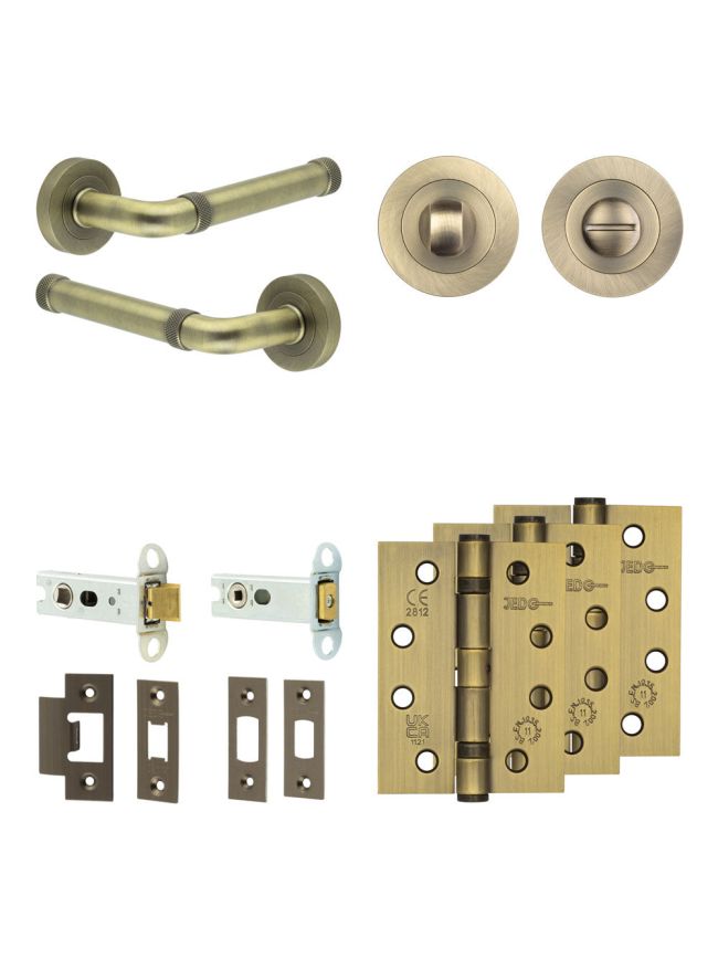 Complete Midtown Door Handle Pack - Heavy Duty Tubular Bathroom (Standard Thumb Turn) - Antique Brass - 76mm / 4-inch Hinges - JE-G31A3-AB