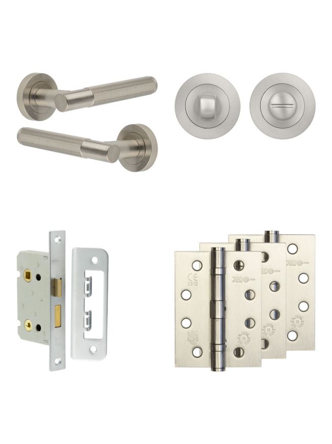 Complete Bari Door Handle Pack - Bathroom Lock (Standard Thumb Turn) - Satin Nickel - 65mm / 4-inch Hinges - JE-D5A3-SN