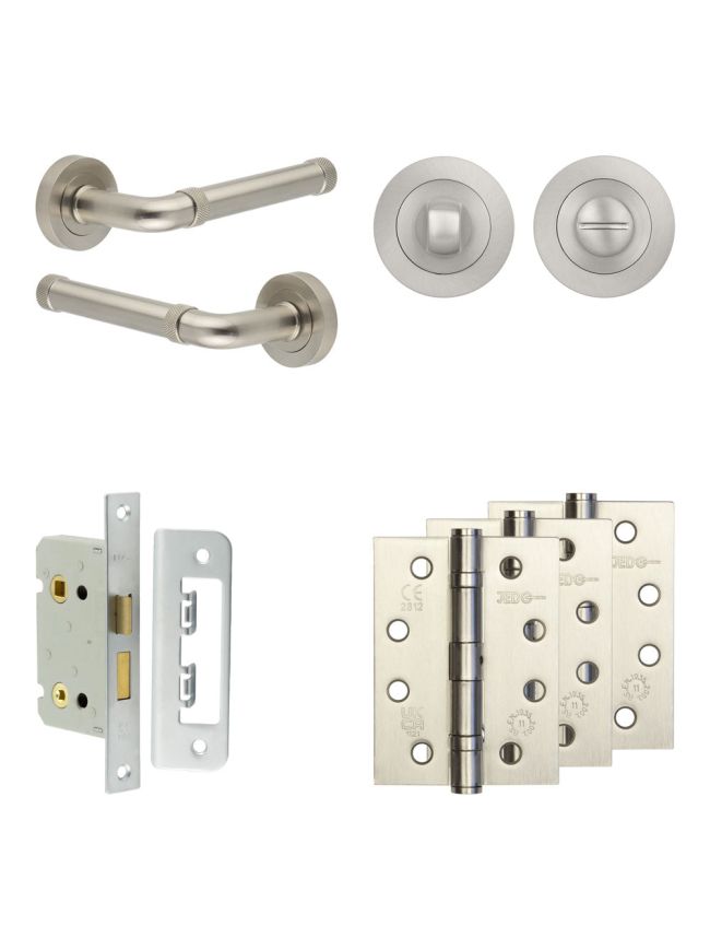 Complete Midtown Door Handle Pack - Bathroom Lock (Standard Thumb Turn) - Satin Nickel - 65mm / 4-inch Hinges - JE-G5A3-SN