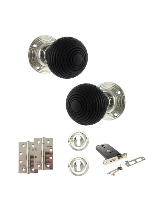 Old English Whitby Door Knob Pack (Lock Set - Horizontal Sashlock, 4" Slim Knuckle Hinges x2) - Polished Nickel