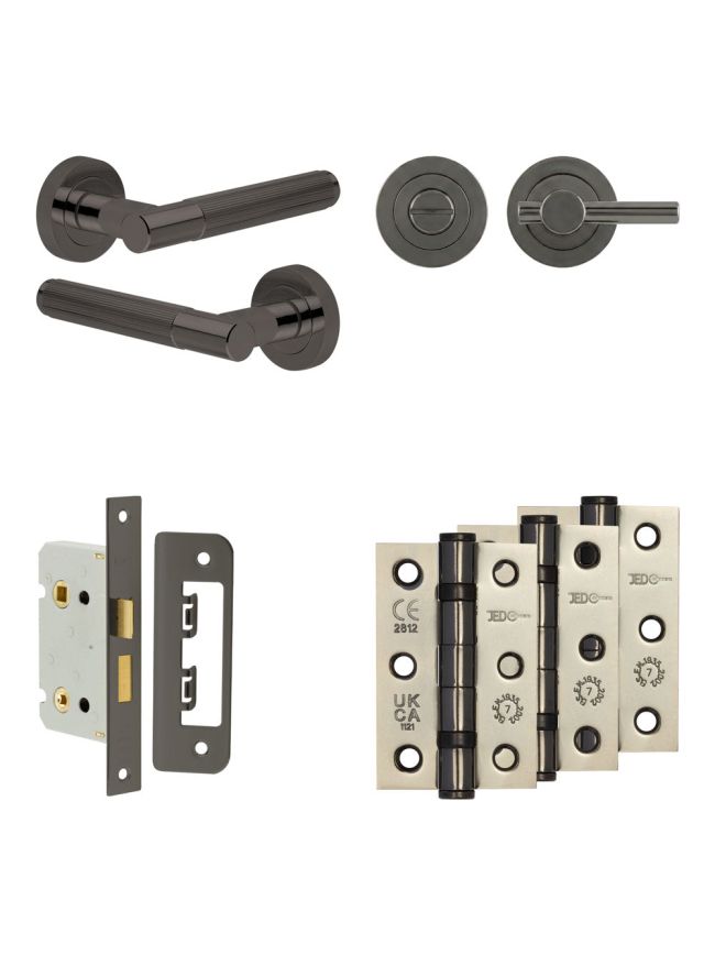 Complete Venice Door Handle Pack - Bathroom Lock (Plain Thumb Turn) - Black Nickel - 65mm / 3-inch Hinges - JE-F5B2-BN