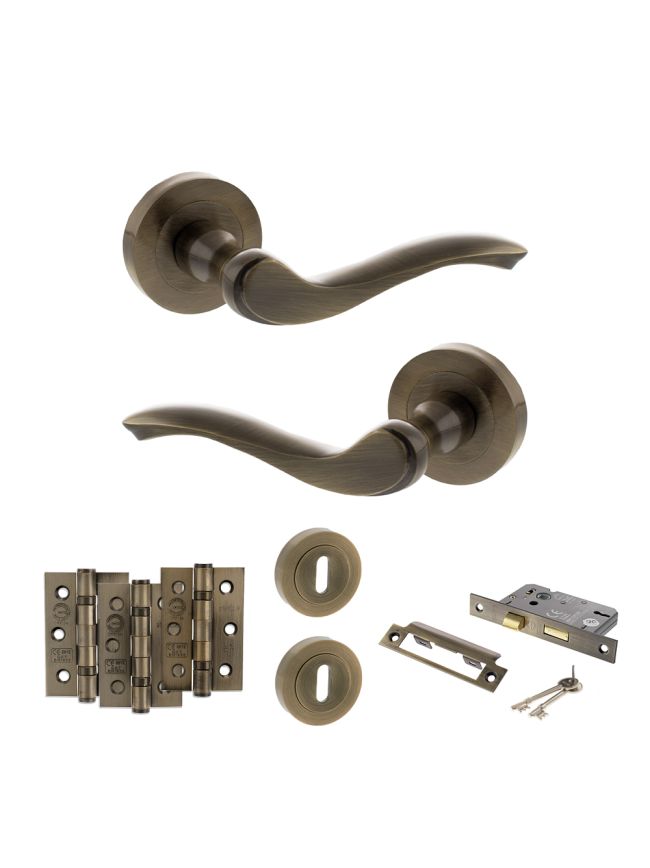 Old English Warwick Door Handle Pack (3 Lever Lock Set - 3" CE Sashlock, 3" Fire Rated Hinges x3) - Antique Brass