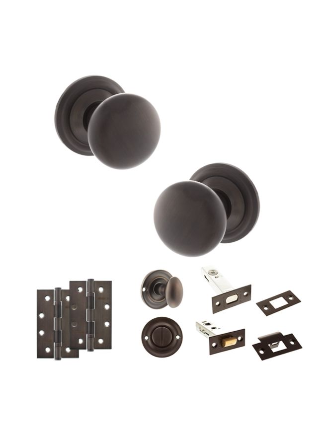 Old English Harrogate Door Knob Pack (Bathroom Set - 3" Deadbolt, 4" Slim Knuckle Hinges x2) - Urban Dark Bronze