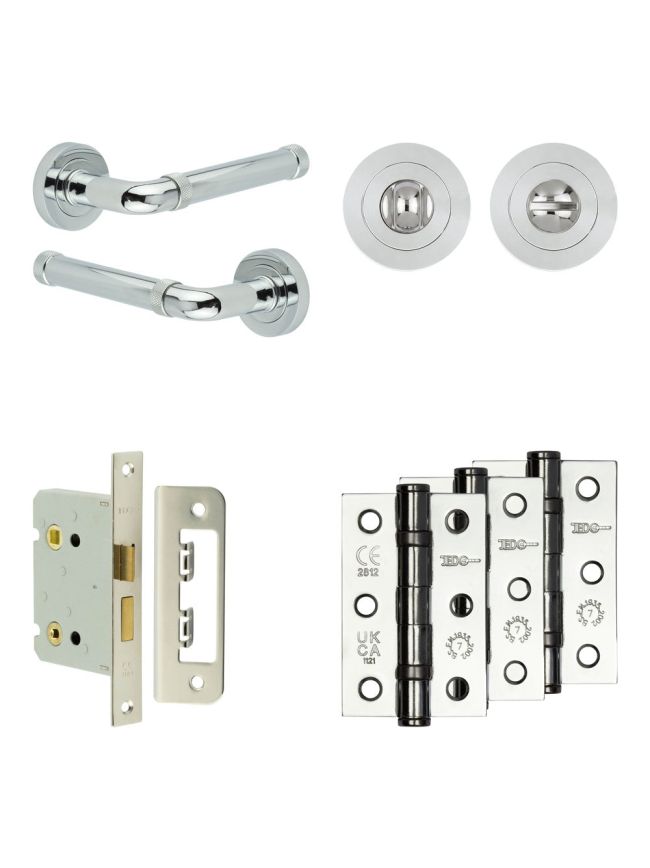 Complete Midtown Door Handle Pack - Bathroom Lock (Standard Thumb Turn) - Polished Chrome - 76mm / 3-inch Hinges - JE-G6B3-PC