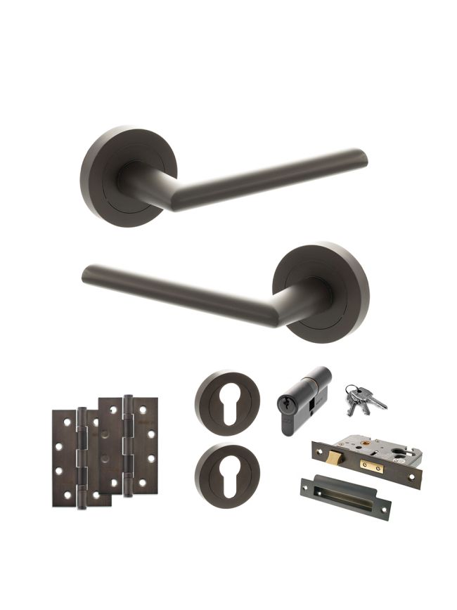 STATUS Alabama Door Handle Pack (Euro Lock Set - 3" CE Sashlock, 4" Slim Knuckle Hinges x2) - Urban Dark Bronze