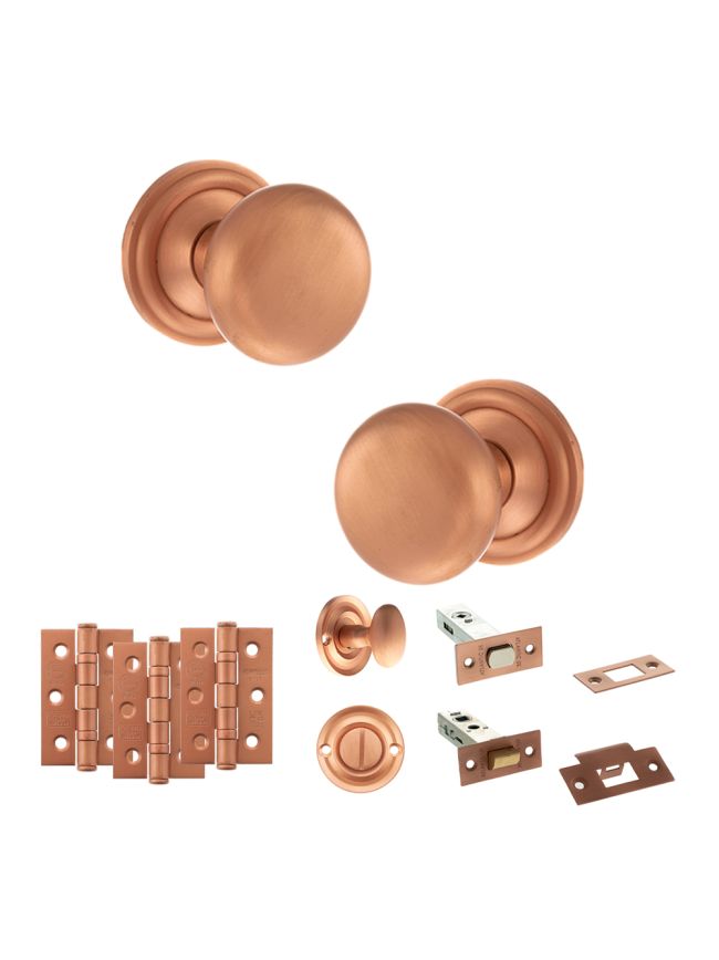 Old English Harrogate Door Knob Pack (Bathroom Set - 4" Deadbolt, 3" Fire Rated Hinges x3) - Urban Satin Copper