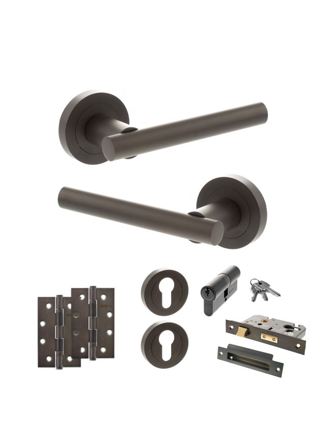 STATUS Nebraska Door Handle Pack (Euro Lock Set - 3" CE Sashlock, 4" Slim Knuckle Hinges x2) - Urban Dark Bronze