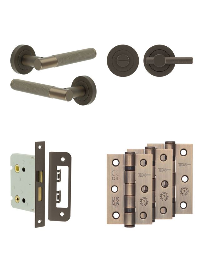 Complete Bari Door Handle Pack - Bathroom Lock (Knurled Thumb Turn) - Dark Bronze - 76mm / 3-inch Hinges - JE-D6B1-DB