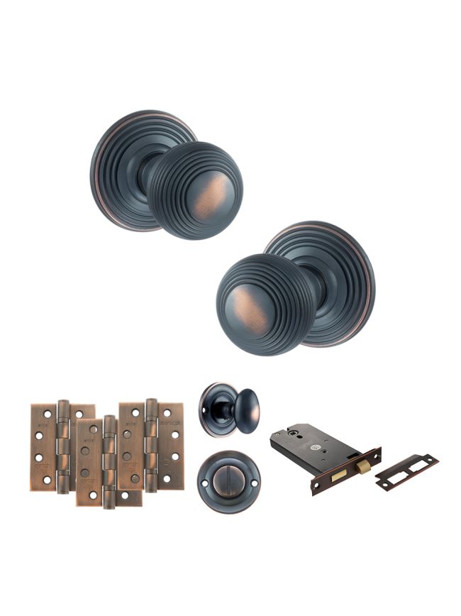 Old English Ripon Door Knob Pack (Lock Set - Horizontal Bathlock, 4" Fire Rated Hinges x3) - Antique Copper