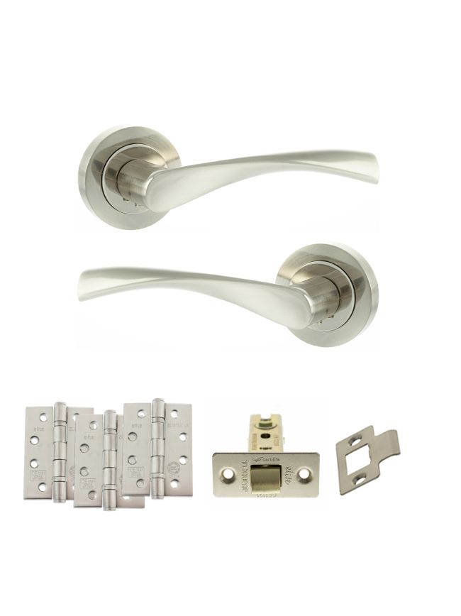 Eco Aqua Door Handle Pack (Latch Set - 3" CE Latch, 4" Fire Rated Hinges x3) - Satin Nickel/Nickel Plate
