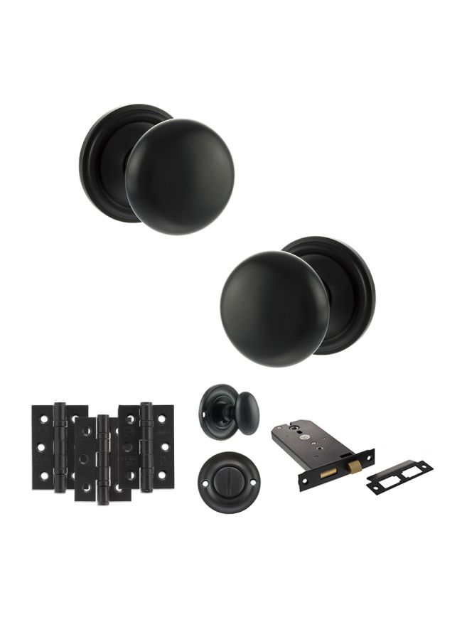 Old English Harrogate Door Knob Pack (Lock Set - Horizontal Bathlock, 3" Fire Rated Hinges x3) - Matt Black