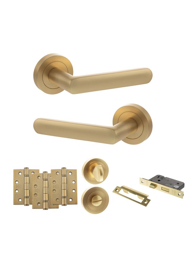 STATUS Carolina Door Handle Pack (Bathroom Set - 2.5" CE Bathroom Lock, 4" Fire Rated Hinges x3) - Satin Brass