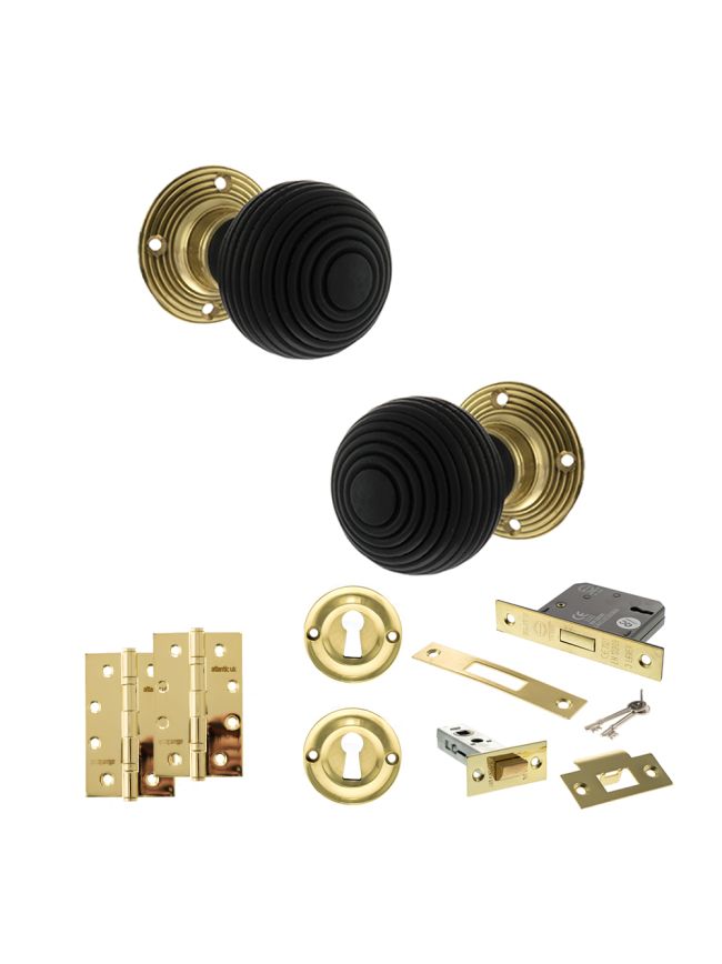 Old English Whitby Door Knob Pack (Lock Set - 3" Latch & Deadlock, 4" Slim Knuckle Hinges x2) - Polished Brass
