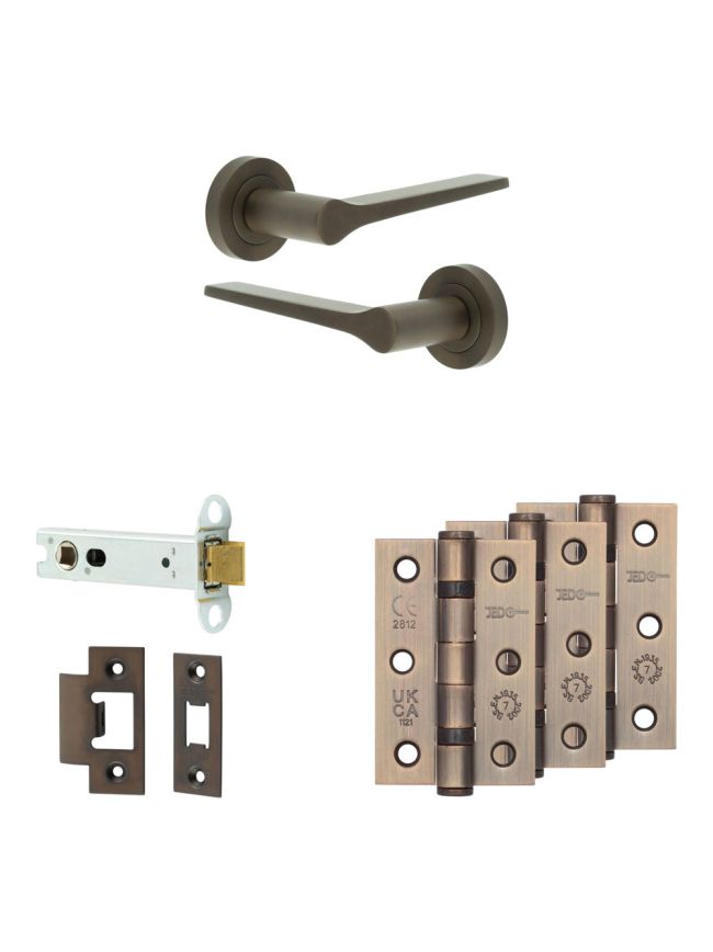 Complete Gio Door Handle Pack - Heavy Duty Latch - Dark Bronze - 102mm / 3-inch Hinges - JE-E22B-DB