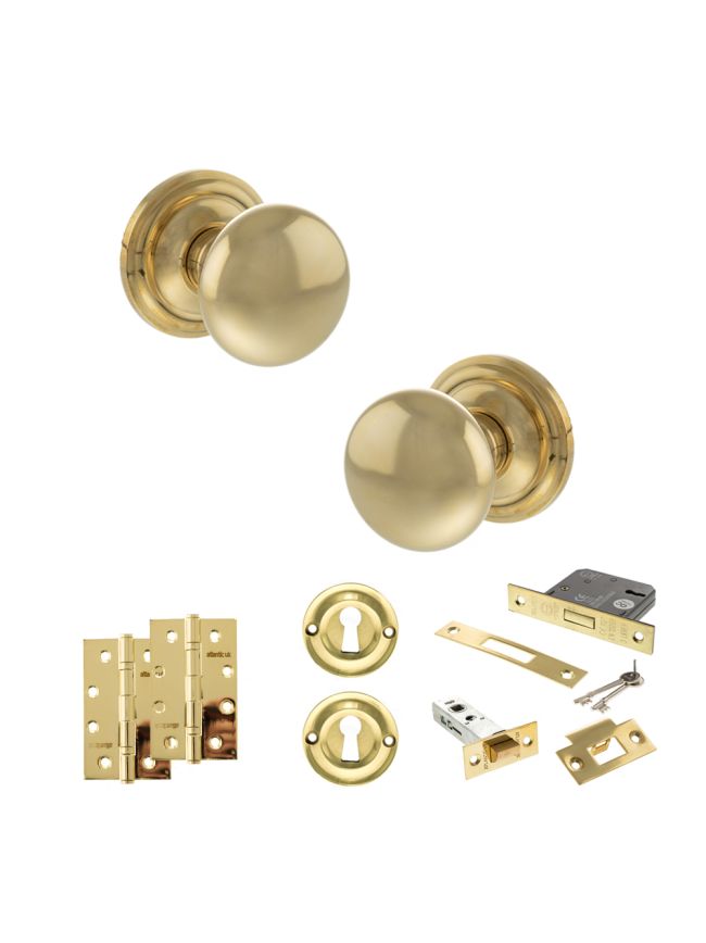Old English Harrogate Door Knob Pack (Lock Set - 3" Latch & Deadlock, 4" Slim Knuckle Hinges x2) - Raw Brass