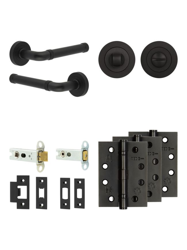 Complete Midtown Door Handle Pack - Heavy Duty Tubular Bathroom (Standard Thumb Turn) - Matt Black - 76mm / 4-inch Hinges - JE-G31A3-MB