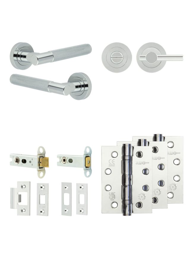 Complete Bari Door Handle Pack - Heavy Duty Tubular Bathroom (Plain Thumb Turn) - Polished Chrome - 76mm / 4-inch Hinges - JE-D31A2-PC