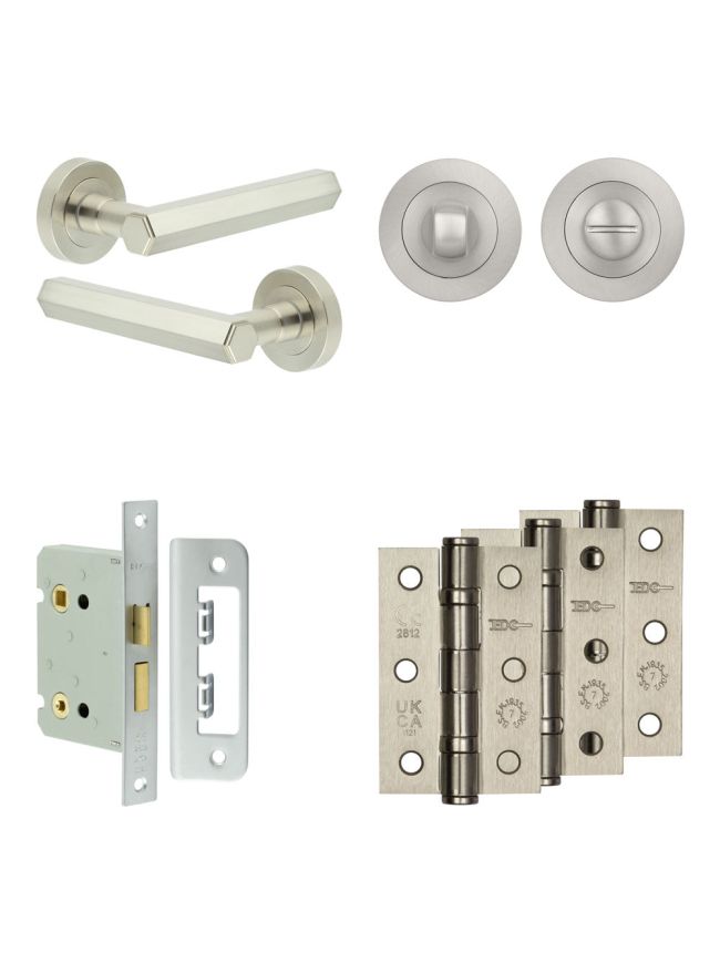 Complete Hex Door Handle Pack - Bathroom Lock (Standard Thumb Turn) - Satin Nickel - 76mm / 3-inch Hinges - JE-C6B3-SN