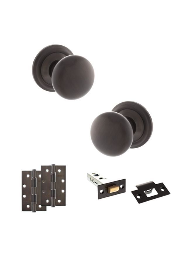 Old English Harrogate Door Knob Pack (Latch Set - 3" HD Latch, 4" Slim Knuckle Hinges x2) - Urban Dark Bronze