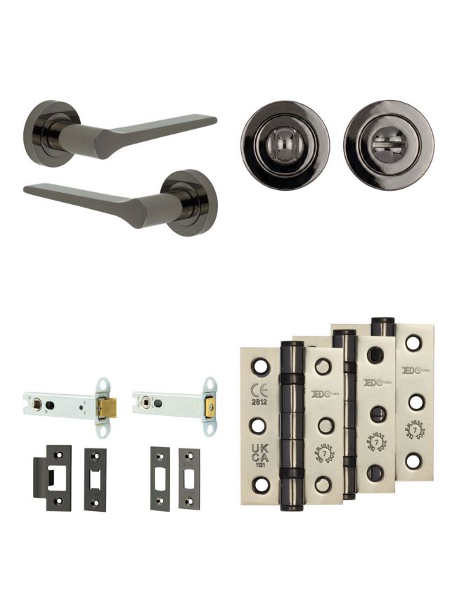 Complete Gio Door Handle Pack - Heavy Duty Tubular Bathroom (Standard Thumb Turn) - Black Nickel - 102mm / 3-inch Hinges - JE-E32B3-BN