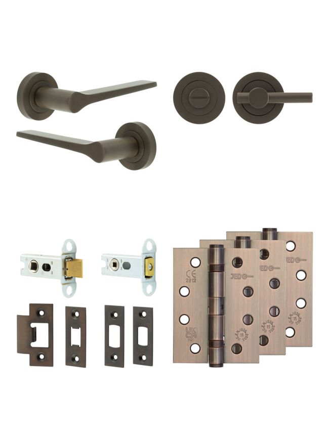 Complete Gio Door Handle Pack - Heavy Duty Tubular Bathroom (Plain Thumb Turn) - Dark Bronze - 64mm / 4-inch Hinges - JE-E30A2-DB