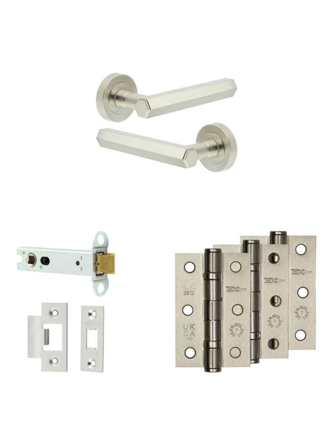 Complete Hex Door Handle Pack - Heavy Duty Latch - Satin Nickel - 102mm / 3-inch Hinges - JE-C22B-SN