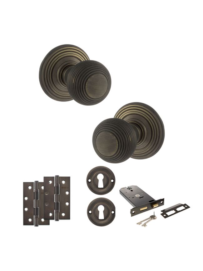 Old English Ripon Door Knob Pack (Lock Set - Horizontal Sashlock, 4" Slim Knuckle Hinges x2) - Urban Bronze
